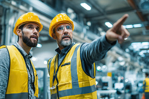 Workers discuss plans in factory, a Photo by Beautiful things