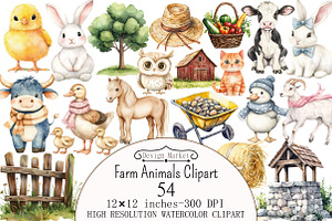 Watercolor Farm Animals Clipart, a Seasonal Illustration by Design Market
