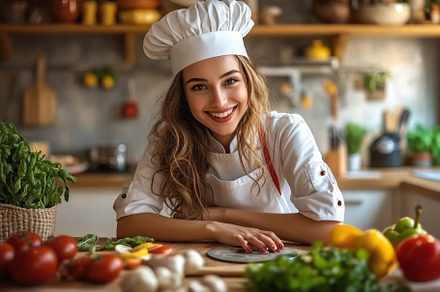 A cheerful female chef in a white uniform and chef's hat, smiling at the camera, a Person Photo by Textures & Backgrounds
