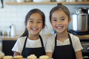 Cute sisters baking cupcakes at kitchen, a Person Photo by AlyaAnd