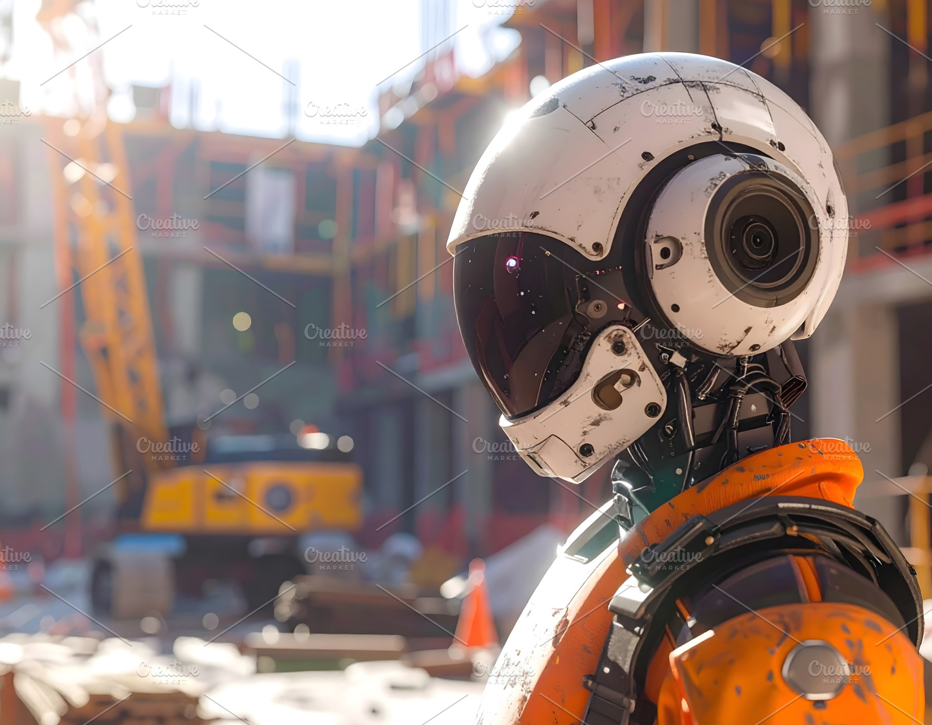 Construction robot worker wearing helmet on active building site, a Technology Photo by GoodGoods