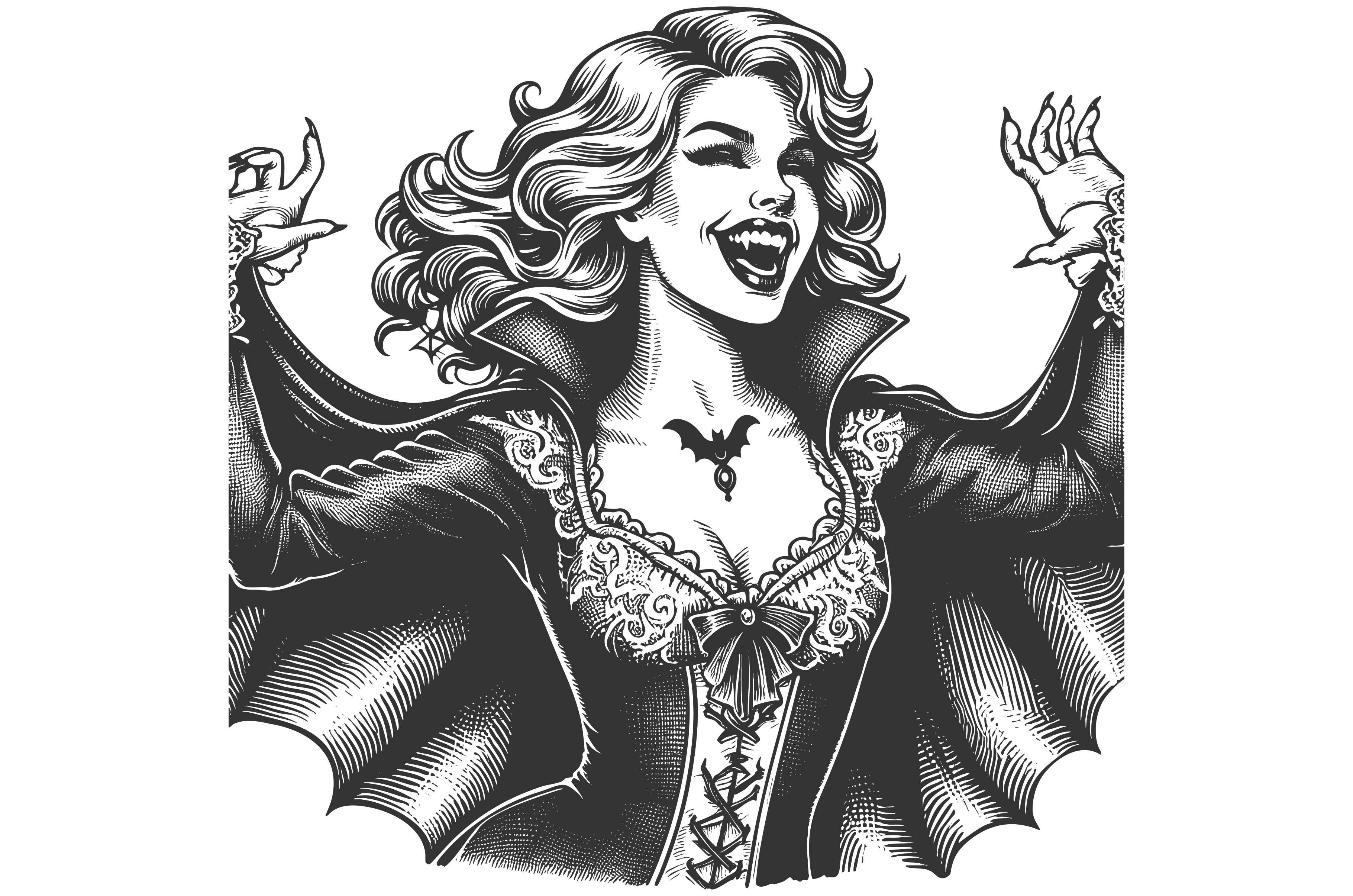 Smiling Female Vampire engraving, a Person Illustration by AlexArt