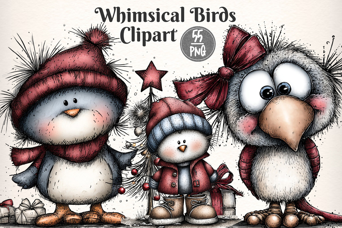 Whimsical Christmas Birds Clipart, an Illustration by Dream Creation (Photo 1 of 7)