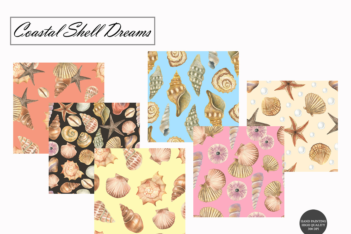 Watercolor Seashell Seamless Pattern, an Illustration by OlDm_Shop (Photo 2 of 10)