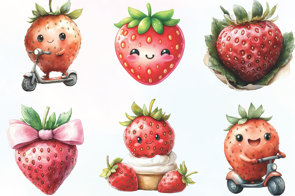 Watercolor Cute Strawberry Clipart, an Illustration by CraftArtStudio (Photo 2 of 6)