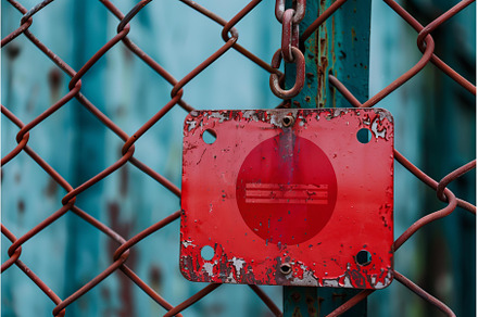 Rusty red sign hanging on a metal, an Abstract Photo by Ylivdesign