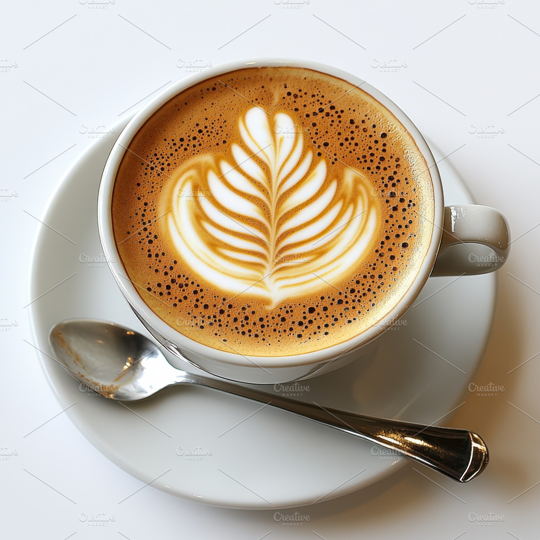 Latte art coffee cup saucer spoon is, a Food & Drink Photo by Pixeness Studio