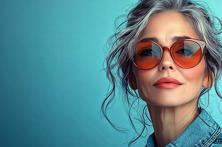 Stylish Senior Woman Posing in Sunglasses Against a Blue Background, a Photo by AS photostudio