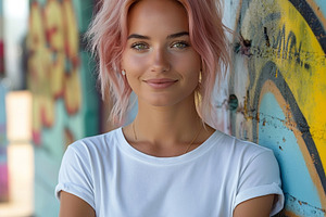 A smiling young woman with short pink hair stands against a colorful graffiti w, a Person Photo by ImageMir