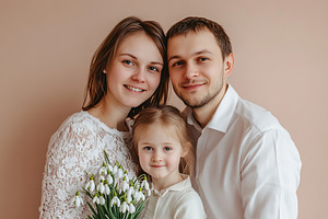 Portrait of young parents with child kid on beige background, a Person Photo by AlyaAnd