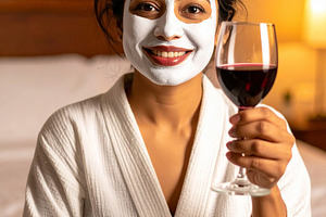 Woman with her face covered by a white facial mask while holding, a Health & Medical Photo by DanFLCreativo