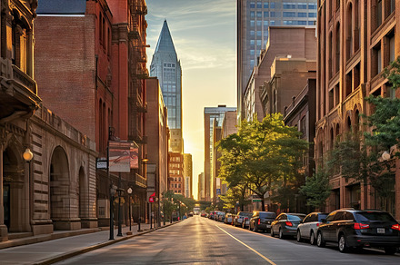 Chicago, USA downtown cityscape at sunset with skyscrapers. Gene, an Architecture Photo by AS photostudio