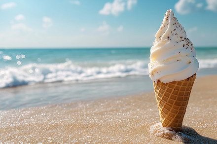 Vanilla soft ice cream cone on beach, a Food & Drink Photo by MistyDay