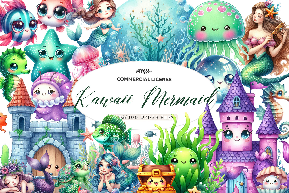 Kawaii Mermaid Clipart, an Illustration by CreationArt (Photo 1 of 5)