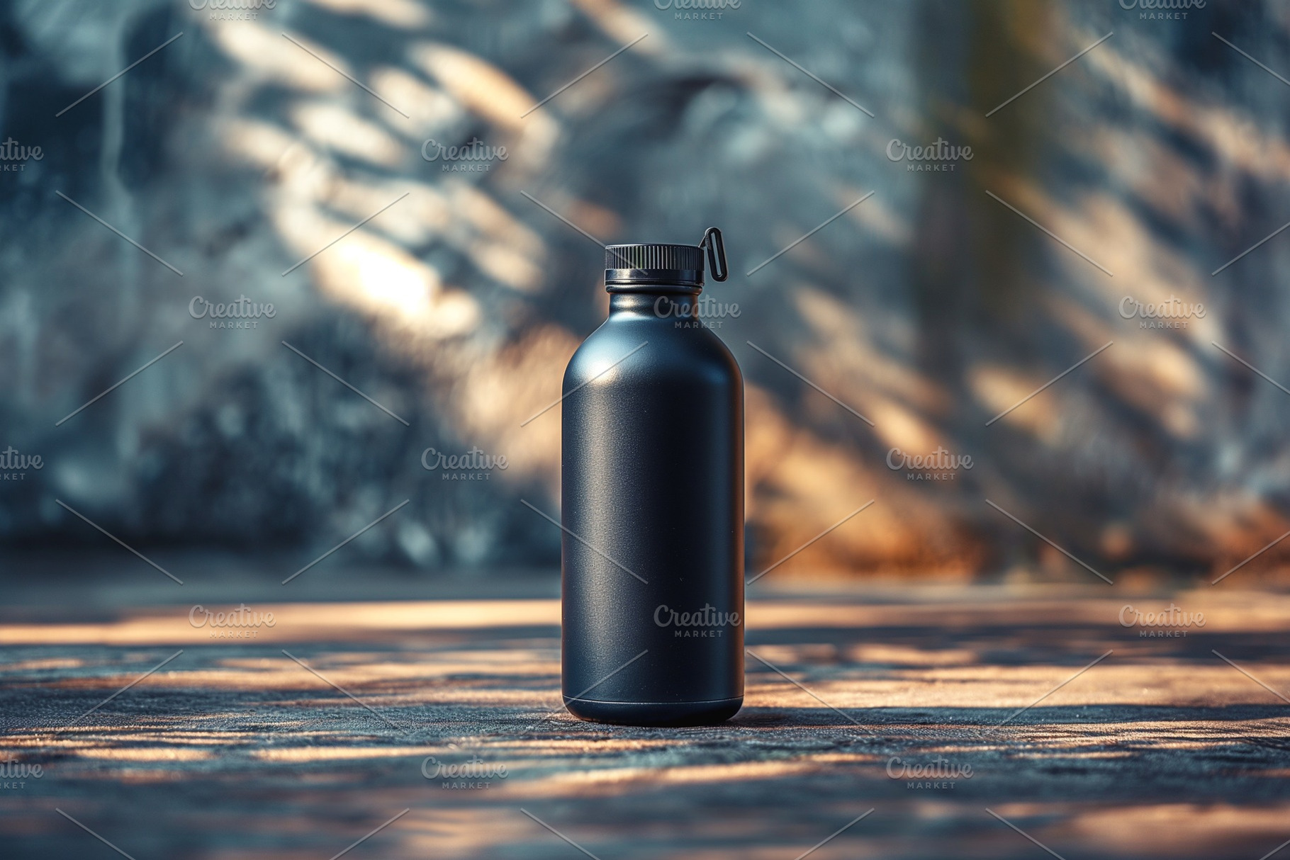 A sleek black stainless steel water bottle stands alone, illuminated by warm su, a Business Photo by ImageMir