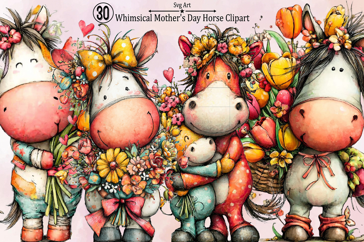 Whimsical Mother's Day Horse Clipart, an Illustration by SVGArt (Photo 1 of 9)