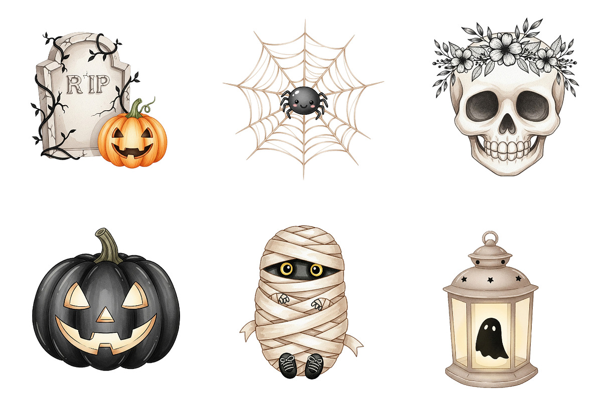 Beige & Black Halloween Clipart, an Illustration by Watercolor design (Photo 3 of 4)