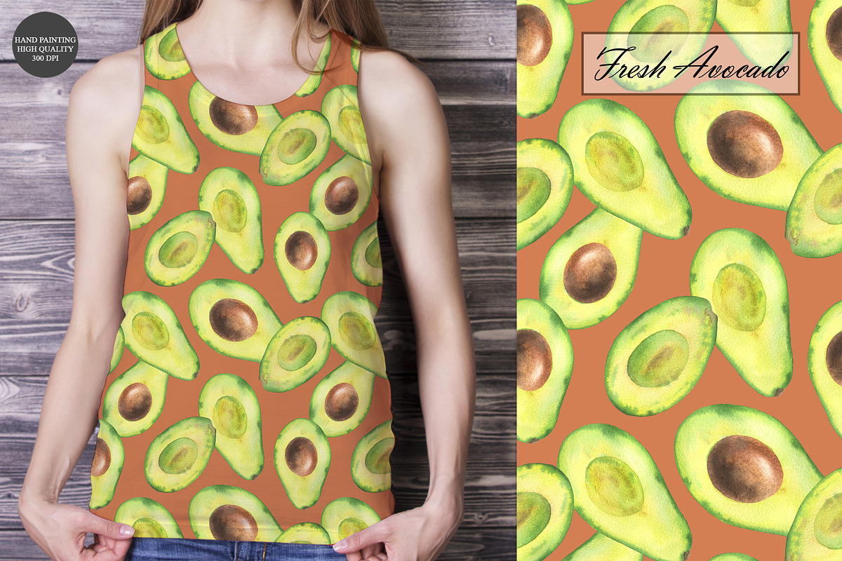 Watercolor Avocado Seamless Patterns, a Food Illustration by OlDm_Shop (Photo 4 of 10)