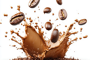 Coffee beans splashing in brown liqu, a Food & Drink Photo by Pixeness Studio