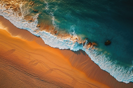 Ocean waves on beach sand from top view. Generative AI, a Nature Photo by AlyaAnd