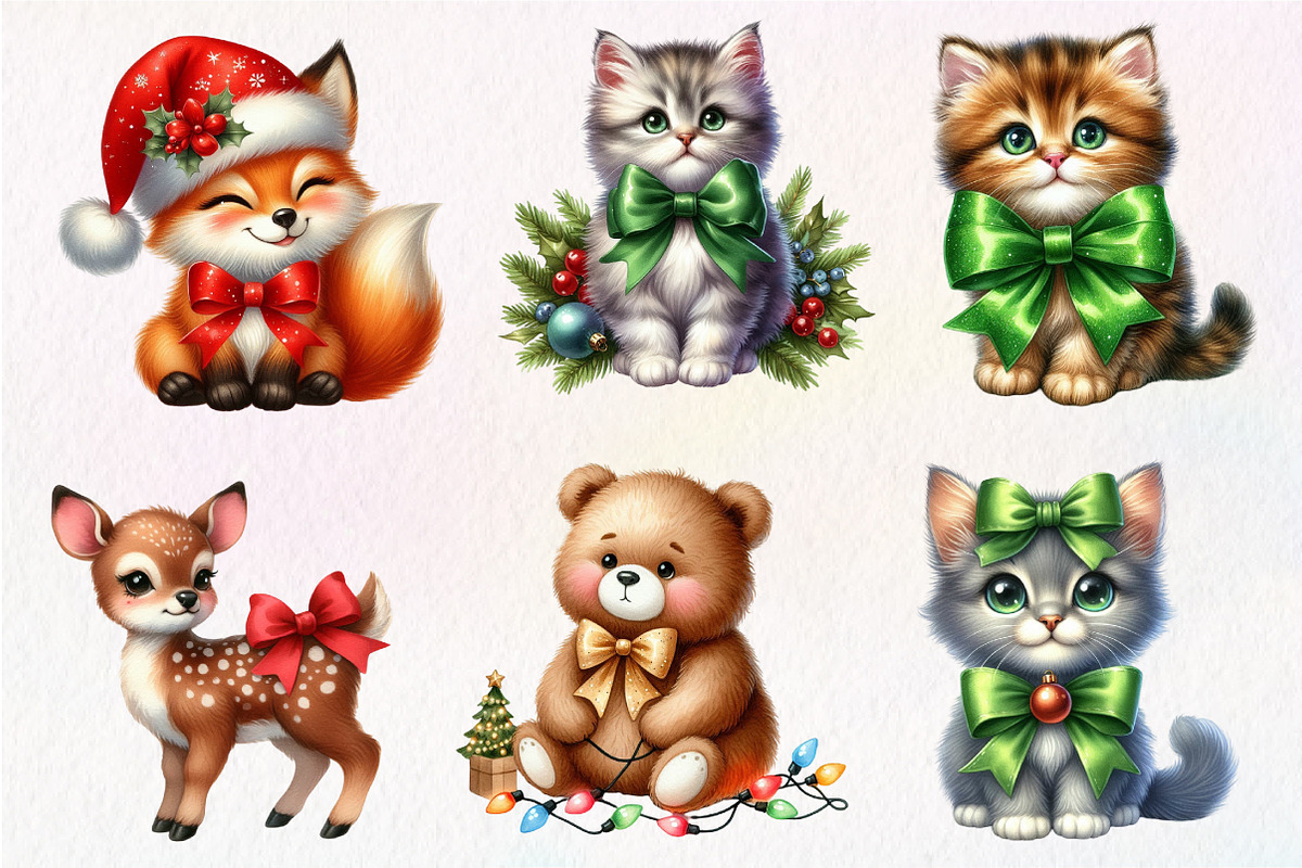 Cute Animals Christmas Clipart, an Illustration by Dream Creation (Photo 2 of 7)