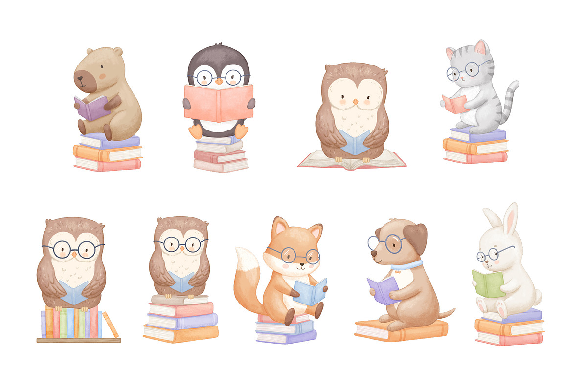 Reading Animals Watercolor Clipart, an Animal Illustration by ElenaPlatovaArt (Photo 7 of 22)