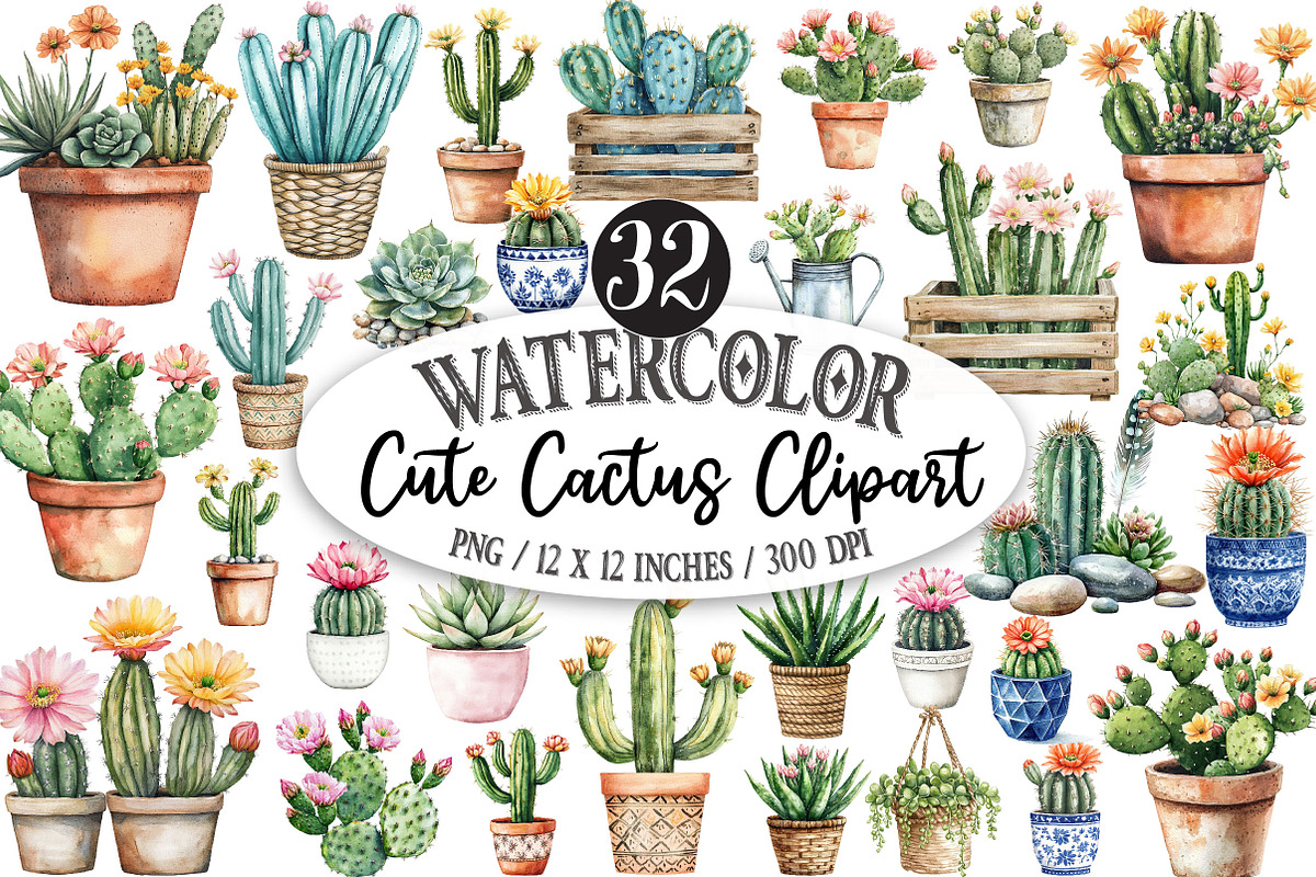 Watercolor Cactus Clipart, a Seasonal Illustration by Designking (Photo 1 of 5)
