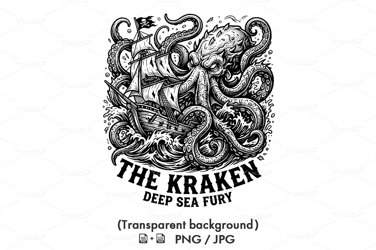 Kraken octopus attacking pirate ship, an Animal Illustration by yod67 (Photo 1 of 6)