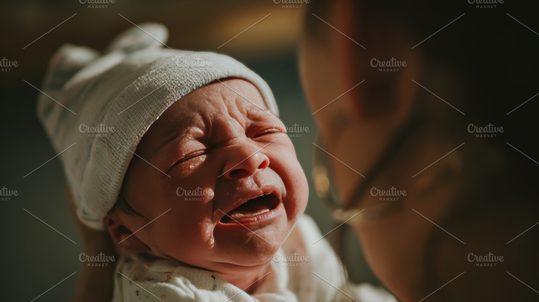 Newborn baby cries in mothers arms, a Photo by Beautiful things