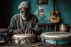 African musician performing traditional drum music in a cozy and artistic setti, a Photo by AS photostudio