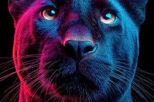 Close-up portrait of a black panther with vibrant background, an Animal Photo by AlyaAnd