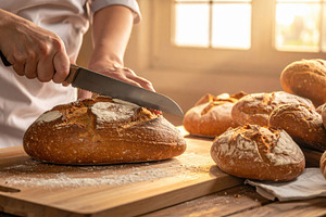 Cutting Fresh Artisan Sourdough on Wooden Board, a Food & Drink Photo by Davizro's Market