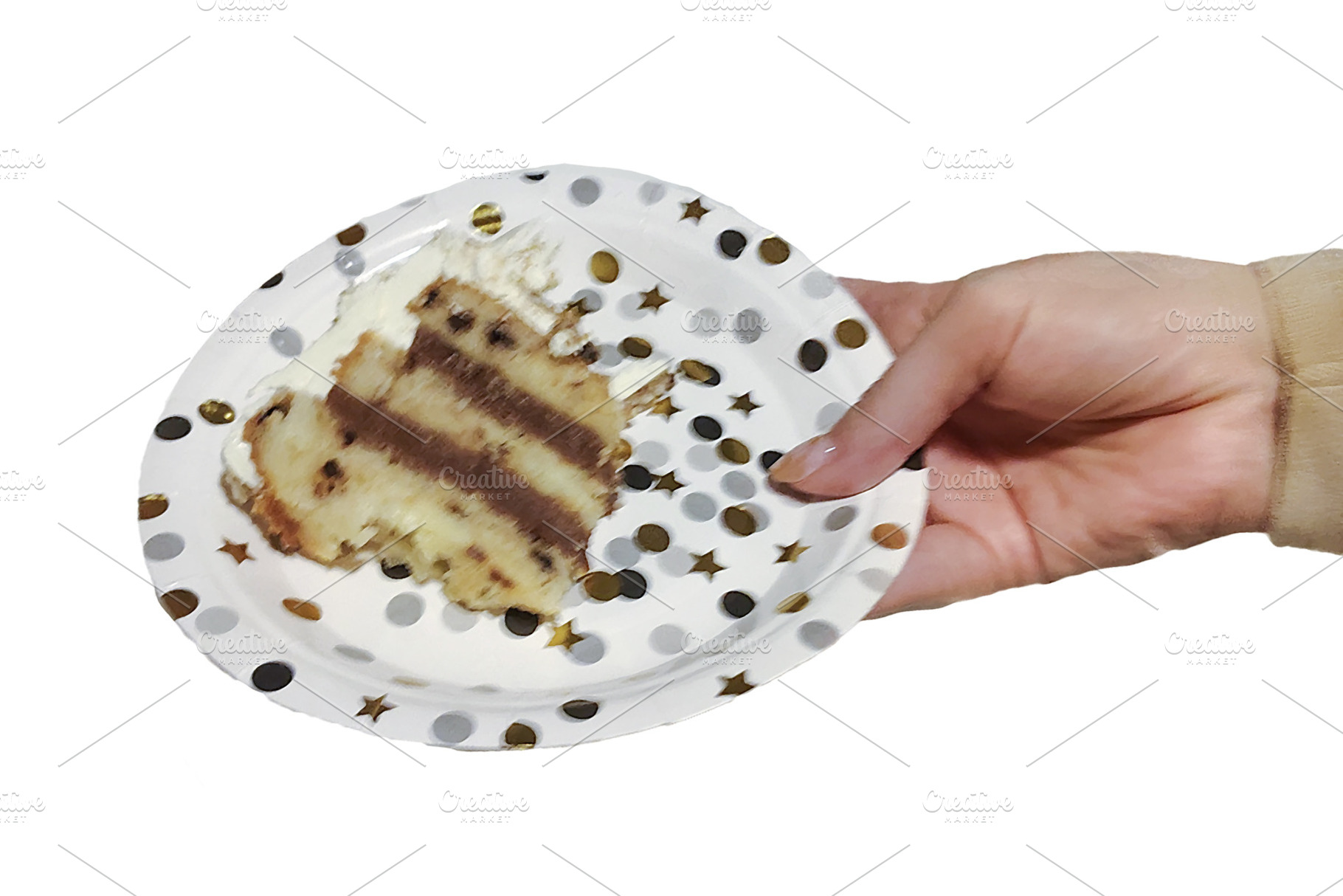 Isolated image of a hand holding a plastic plate with a piece of, a Food & Drink Photo by DanFLCreativo