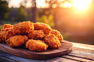 Crispy golden chicken nuggets on a rustic table in warm sunset light, a Food & Drink Photo by DutchDigitalDesign