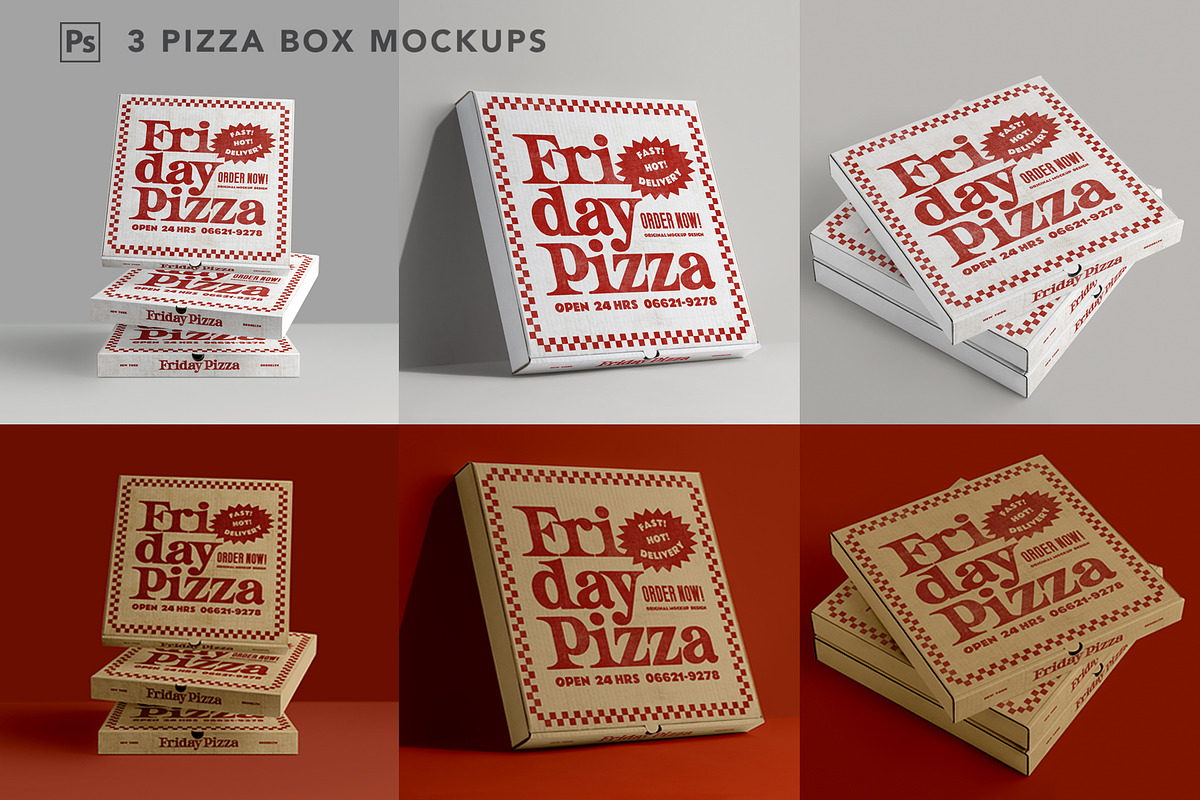 3 Pizza Box Mockup, a Cups & Container Mockup by eezo (Photo 1 of 10)