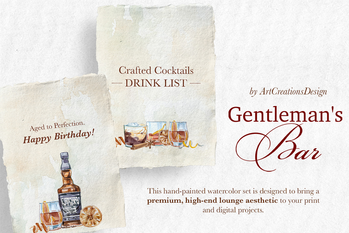 Gentleman's Bar Watercolor Clipart, a Food Illustration by ArtCreationsDesign (Photo 10 of 12)