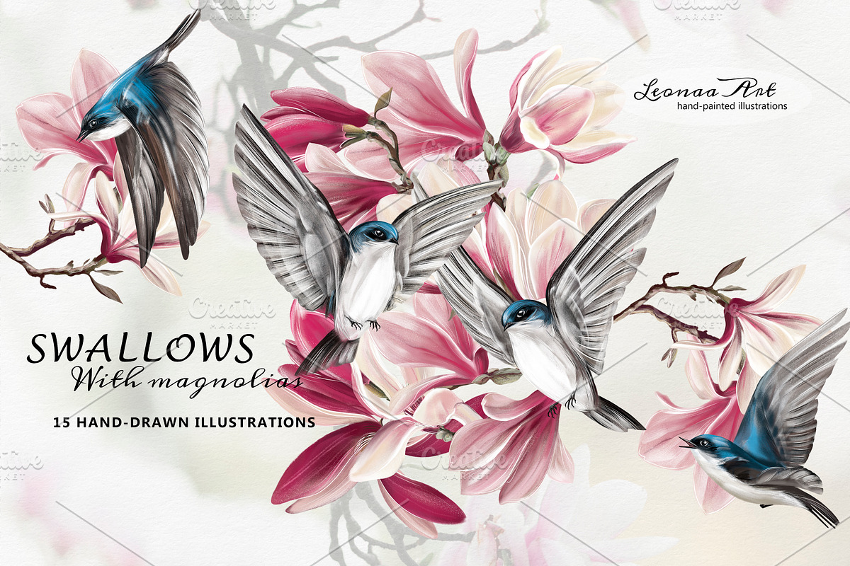 Swallows with magnolias Clipart Set, a Seasonal Illustration by Leonaa art (Photo 1 of 11)