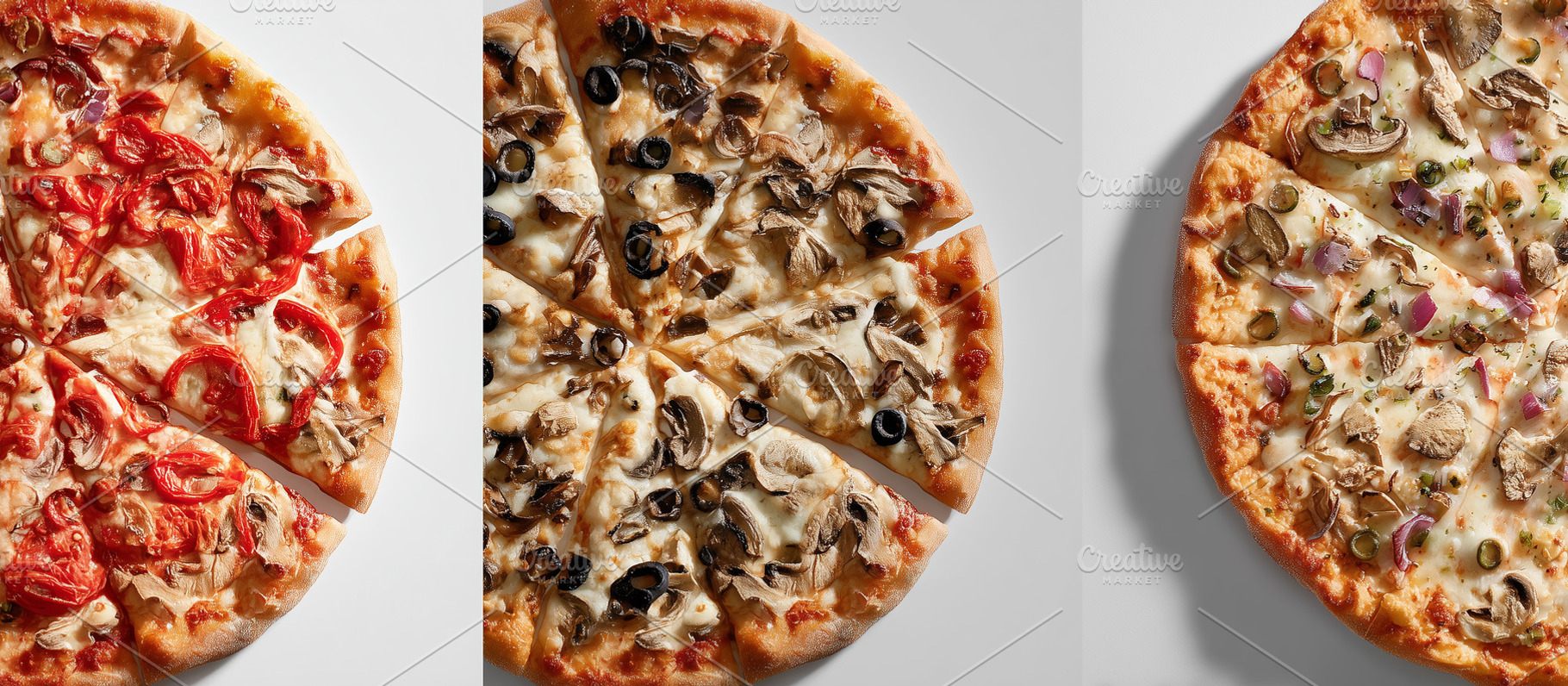 Delicious selection of sliced pizzas, a Food & Drink Photo by MistyDay
