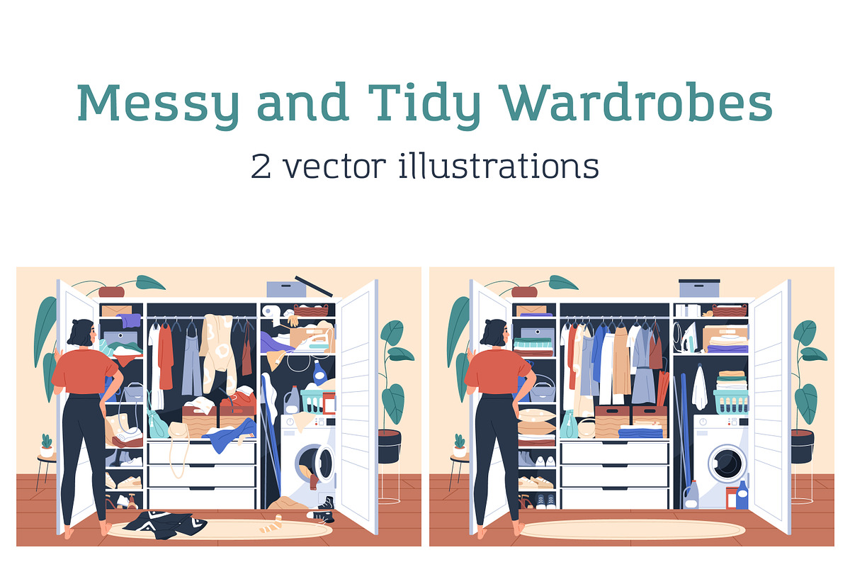 Woman near messy / tidy wardrobes, a Person Illustration by Good Studio (Photo 1 of 3)