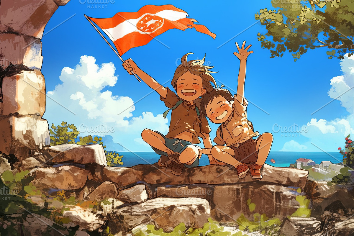Happy children sitting on stone ruins surrounded by nature during a sunny day, an Illustration by AS photostudio