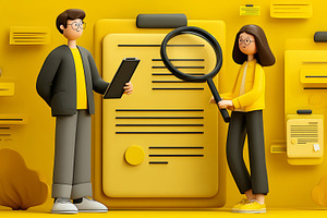 Two colleagues conducting a performance review with clipboard and magnifying gl, a Photo by AS photostudio
