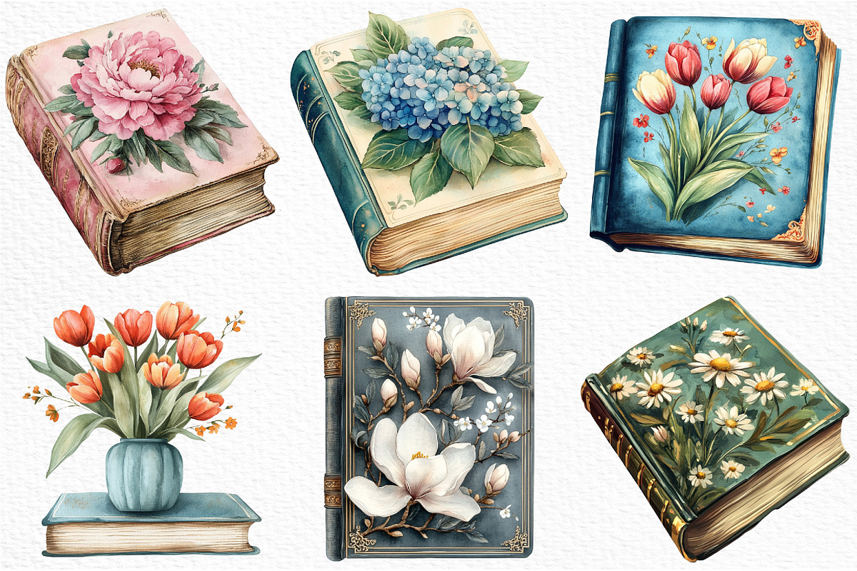 Watercolor Retro Floral Book Clipart, an Illustration by Craft Nest (Photo 3 of 6)