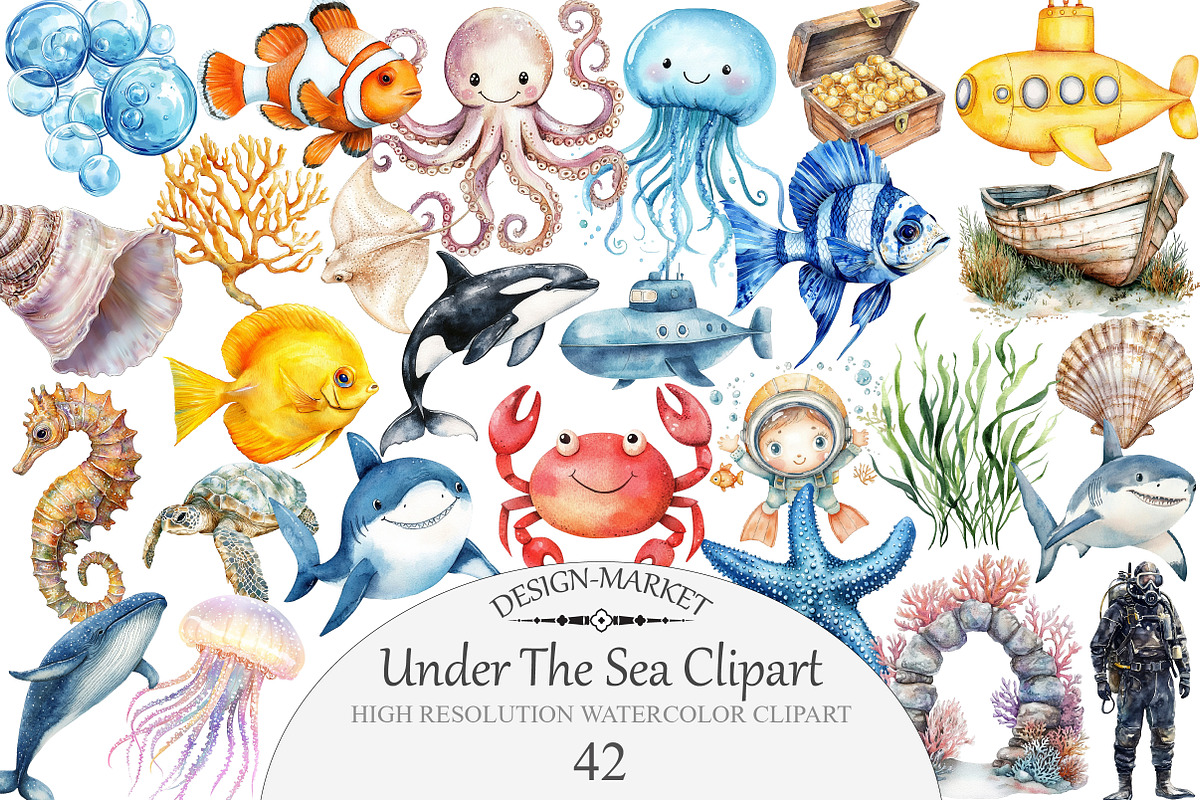 Watercolor Under The Sea Clipart, an Illustration by Design Market (Photo 1 of 5)