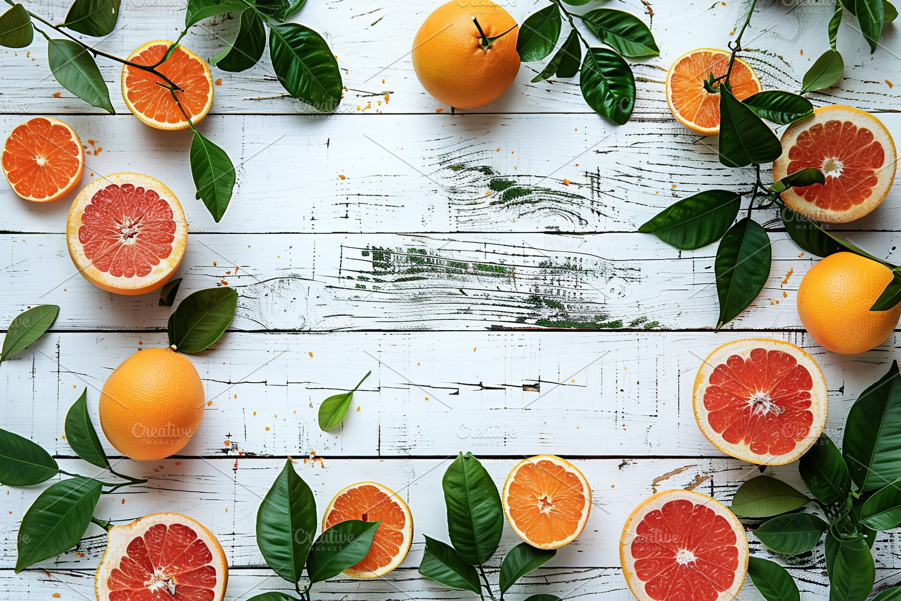 Fresh grapefruit with green leafs and copyspace for text on wooden table, a Food & Drink Photo by AlyaAnd