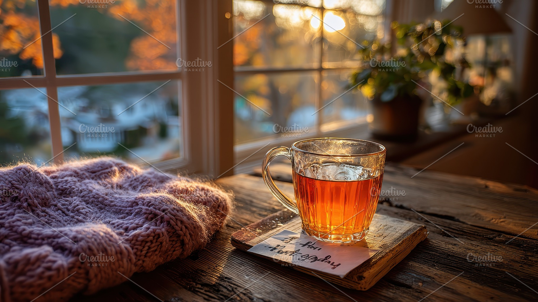 Warm tea autumn sunset cozy window k, a Photo by Pixeness Studio