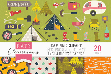 Camping clip art pack with papers