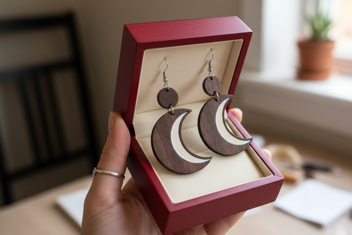 Crescent Moon Wooden Earring Laser, an Object Graphic by Amazin_art (Photo 4 of 4)