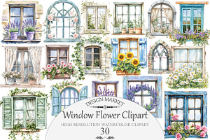 Watercolor Window Flower Clipart, an Illustration by Design Market