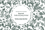 Tropical Parrot Toile de Jouy Print, a Background Graphic by Hughes Studio (Thumbnail 1 of 8)