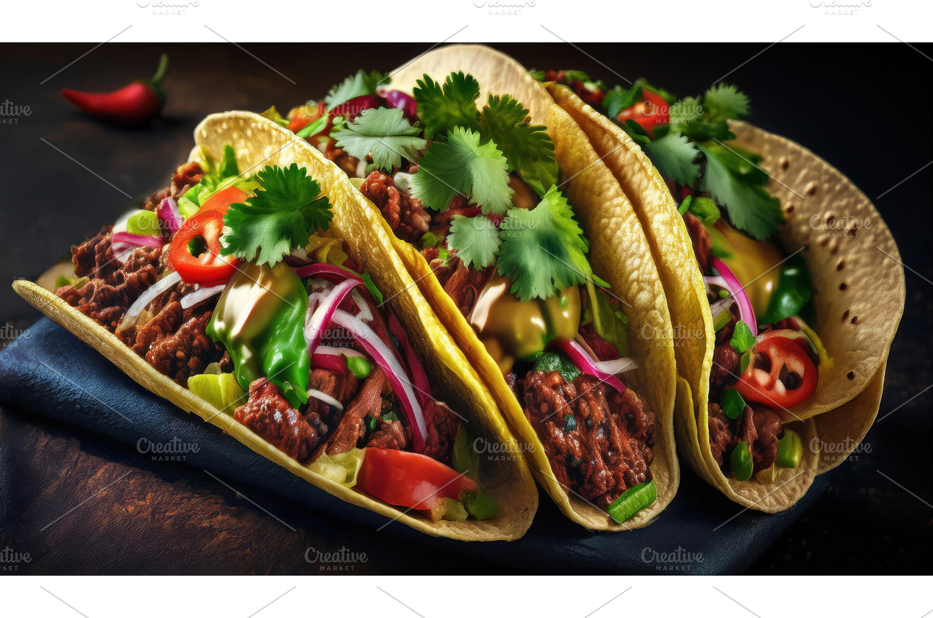 Three vibrant tacos filled with, a Food & Drink Photo by Igor Tichonow